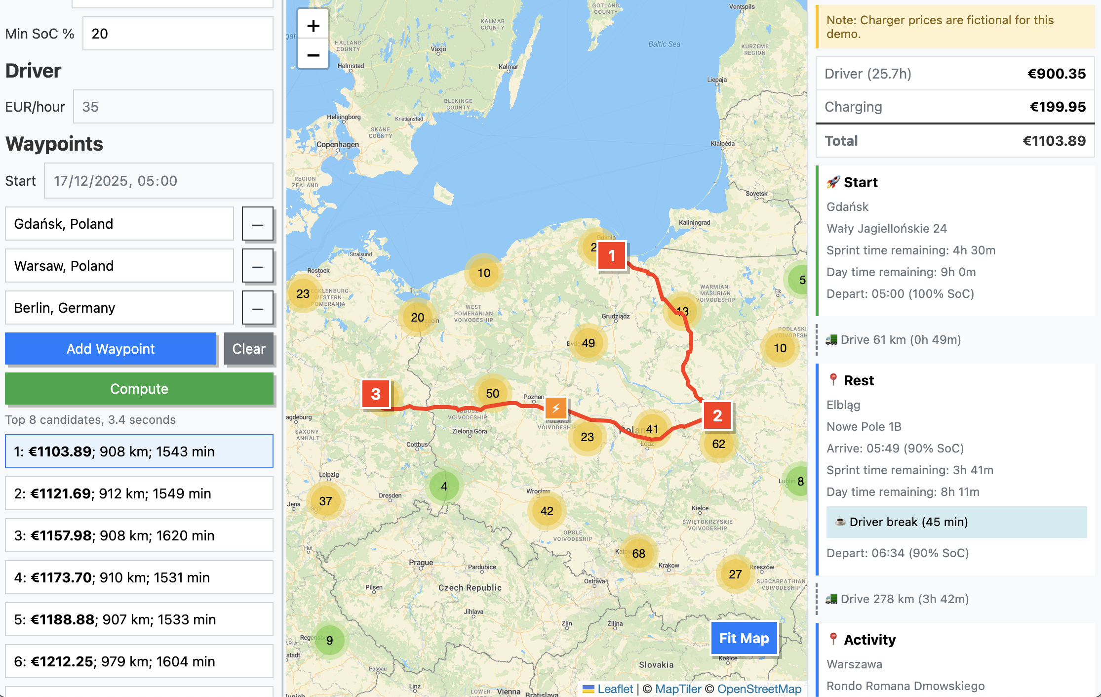 A screenshot showing a calculated route from Gdańsk, to Warsaw, to Berlin.